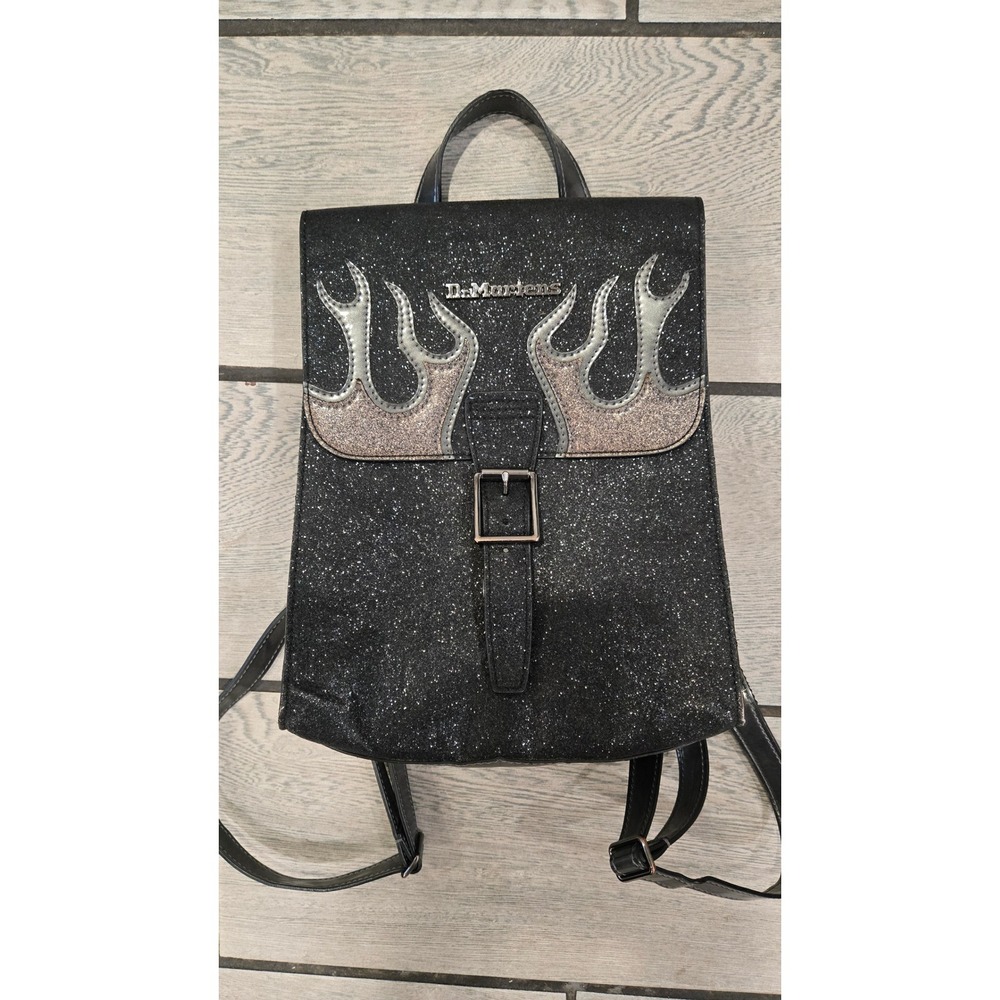 Dr. Martens Black Glitter Flame Backpack Silver Metallic Small Rucksack Bag
